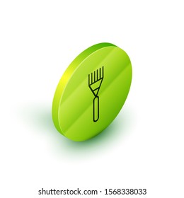 Isometric line Garden rake icon isolated on white background. Tool for horticulture, agriculture, farming. Ground cultivator. Housekeeping equipment. Green circle button. Vector Illustration