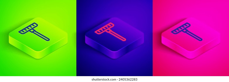 Isometric line Garden rake icon isolated on green, blue and pink background. Tool for horticulture, agriculture, farming. Ground cultivator. Housekeeping equipment. Square button. Vector