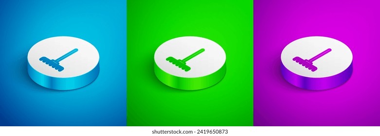 Isometric line Garden rake icon isolated on blue, green and purple background. Tool for horticulture, agriculture, farming. Ground cultivator. Housekeeping equipment. White circle button. Vector