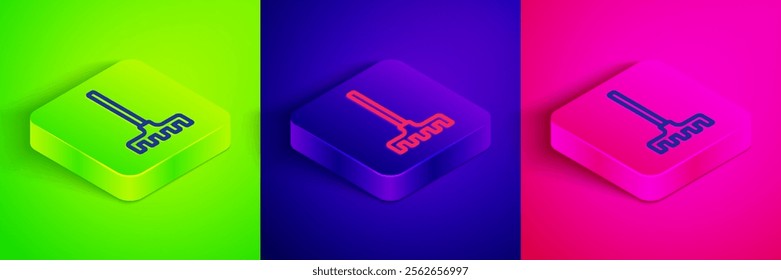 Isometric line Garden rake icon isolated on green, blue and pink background. Tool for horticulture, agriculture, farming. Ground cultivator. Housekeeping equipment. Square button. Vector