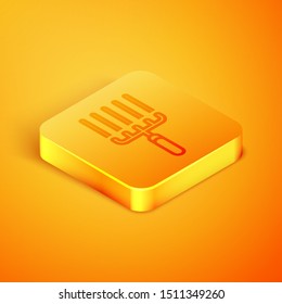Isometric line Garden rake in work icon isolated on orange background. Tool for horticulture, agriculture, farming. Ground cultivator. Orange square button. Vector Illustration