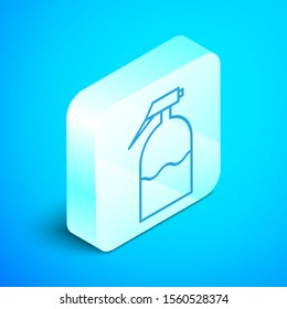 Isometric line Garden sprayer for water, fertilizer, chemicals icon isolated on blue background. Silver square button. Vector Illustration