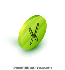 Isometric line Gardening handmade scissors for trimming icon isolated on white background. Pruning shears with wooden handles. Green circle button. Vector Illustration