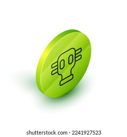 Isometric line Gas mask icon isolated on white background. Respirator sign. Green circle button. Vector