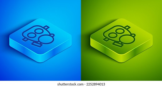 Isometric line Gas mask icon isolated on blue and green background. Respirator sign. Square button. Vector