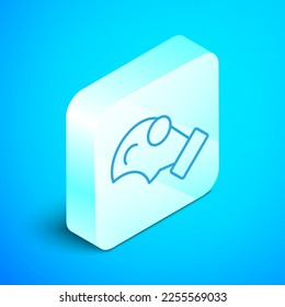Isometric line Gas mask icon isolated on blue background. Respirator sign. Silver square button. Vector