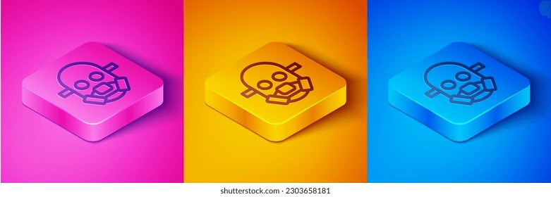 Isometric line Gas mask icon isolated on pink and orange, blue background. Respirator sign. Square button. Vector