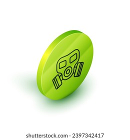 Isometric line Gas mask icon isolated on white background. Respirator sign. Green circle button. Vector