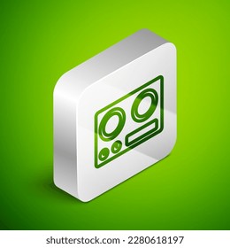 Isometric line Gas stove icon isolated on green background. Cooktop sign. Hob with four circle burners. Silver square button. Vector