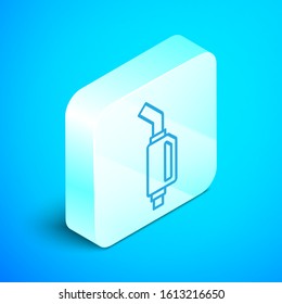 Isometric line Gasoline pump nozzle icon isolated on blue background. Fuel pump petrol station. Refuel service sign. Gas station icon. Silver square button. Vector Illustration
