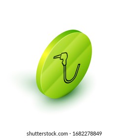Isometric line Gasoline pump nozzle icon isolated on white background. Fuel pump petrol station. Refuel service sign. Gas station icon. Green circle button. Vector Illustration