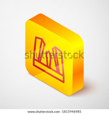 Isometric line Gate of Europe icon isolated on grey background. The Puerta de Europa towers. Madrid city, Spain. Yellow square button. Vector.