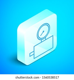 Isometric line Gauge scale icon isolated on blue background. Satisfaction, temperature, manometer, risk, rating, performance, speed tachometer. Silver square button. Vector Illustration