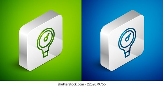 Isometric line Gauge scale icon isolated on green and blue background. Satisfaction, temperature, manometer, risk, rating, performance, speed tachometer. Silver square button. Vector