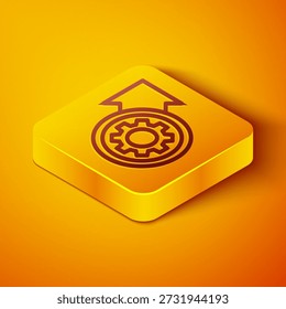 Línea isométrica Engranaje y flechas como icono de concepto de proceso de flujo de trabajo aislado sobre fondo naranja. Señal de recarga de engranajes. Botón cuadrado amarillo. Ilustración vectorial