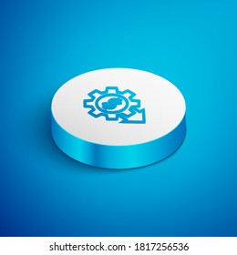 Isometric line Gear with dollar symbol icon isolated on blue background. Business and finance conceptual icon. White circle button. Vector.