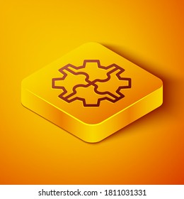 Isometric line Gear icon isolated on orange background. Cogwheel gear settings sign. Cog symbol. Yellow square button. Vector Illustration