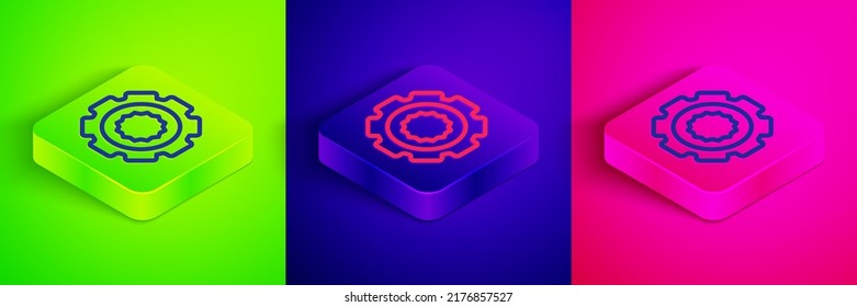 Isometric line Gear icon isolated on green, blue and pink background. Cogwheel gear settings sign. Cog symbol. Square button. Vector