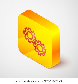 Isometrische Linie Zahnradsymbol einzeln auf grauem Hintergrund. Einstellschild für das Zahnrad des Zahnrades. Cog-Symbol. Gelber Quadrat-Knopf. Vektorgrafik