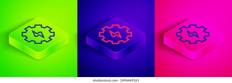 Isometric line Gear and lightning icon isolated on green, blue and pink background. Electric power. Lightning bolt sign. Square button. Vector