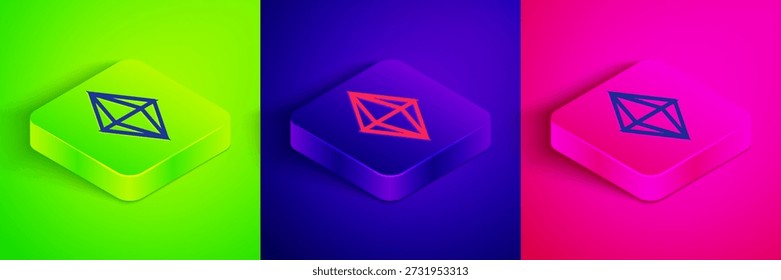 Icono de piedra preciosa de línea isométrica aislado en fondo verde, azul y rosa. Símbolo de joyería. Diamante. Botón cuadrado. Vector