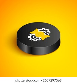 Isometric line Gene editing icon isolated on yellow background. Genetic engineering. DNA researching, research. Black circle button. Vector