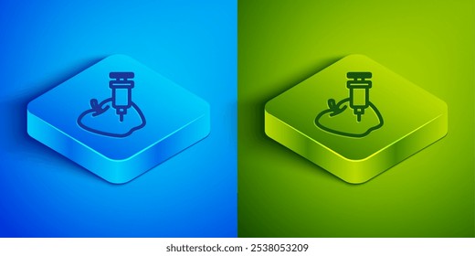 Linha isométrica ícone de maçã geneticamente modificada isolado no fundo azul e verde. Frutos geneticamente modificados. Seringa a ser injetada em maçã. Botão quadrado. Vetor