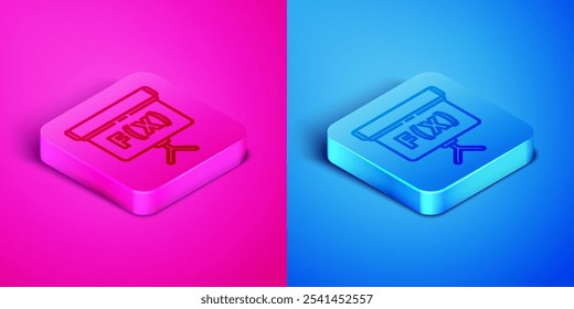 Línea isométrica Figura geométrica Icono de cubo aislado sobre fondo rosa y azul. Forma Abstractas. Ornamento geométrico. Botón cuadrado. Ilustración vectorial