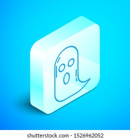 Isometric line Ghost icon isolated on blue background. Happy Halloween party. Silver square button. Vector Illustration