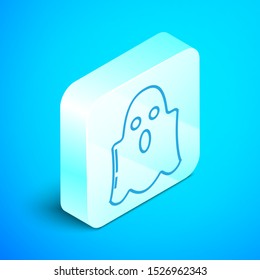 Isometric line Ghost icon isolated on blue background. Happy Halloween party. Silver square button. Vector Illustration