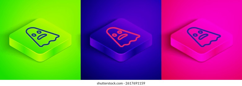 Isometric line Ghost icon isolated on green, blue and pink background. Happy Halloween party. Square button. Vector