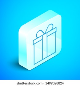 Isometric line Gift box icon isolated on blue background. Silver square button. Vector Illustration