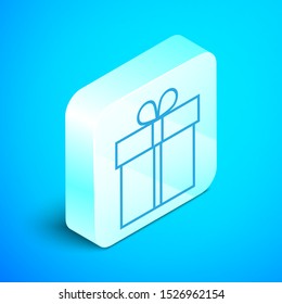 Isometric line Gift box icon isolated on blue background. Silver square button. Vector Illustration