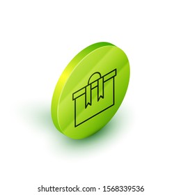 Isometric line Gift box icon isolated on white background. Merry Christmas and Happy New Year. Green circle button. Vector Illustration