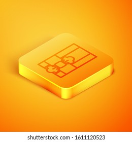 Isometric line Gift box icon isolated on orange background. Orange square button. Vector Illustration