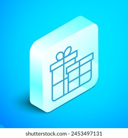 Isometric line Gift box icon isolated on blue background. Merry Christmas and Happy New Year. Silver square button. Vector