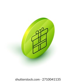 Isometric line Gift box icon isolated on white background. Green circle button. Vector Illustration