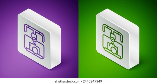 Isometric line Gimbal stabilizer with DSLR camera icon isolated on purple and green background. Silver square button. Vector