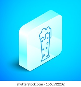 Isometric line Glass of beer icon isolated on blue background. Silver square button. Vector Illustration