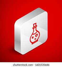 Isometric line Glass bottle with magic elixir icon isolated on red background. Computer game asset. Silver square button. Vector Illustration