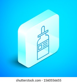 Isometric line Glass bottle with a pipette icon isolated on blue background. Container for medical and cosmetic product. Silver square button. Vector Illustration