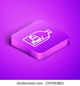 Isometric line Glass bottle with ship inside icon isolated on purple background. Miniature model of marine vessel. Hobby and sea theme. Purple square button. Vector Illustration