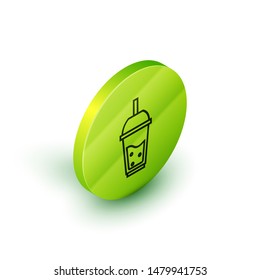 Isometric line Glass of lemonade with drinking straw icon isolated on white background. Green circle button. Vector Illustration