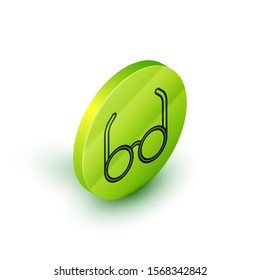 Isometric line Glasses icon isolated on white background. Eyeglass frame symbol. Green circle button. Vector Illustration