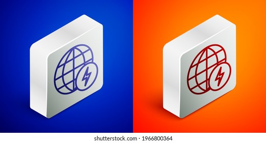 Isometric line Global energy power planet with flash thunderbolt icon isolated on blue and orange background. Ecology concept and environmental. Silver square button. Vector