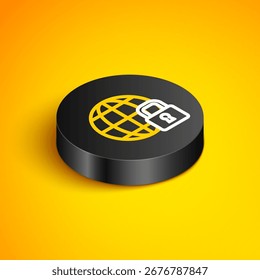 Isometric line Global lockdown - locked globe icon isolated on yellow background. Black circle button. Vector