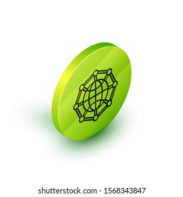 Isometric line Global technology or social network icon isolated on white background. Green circle button. Vector Illustration