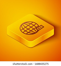 Isometric line Global technology or social network icon isolated on orange background. Yellow square button. Vector Illustration