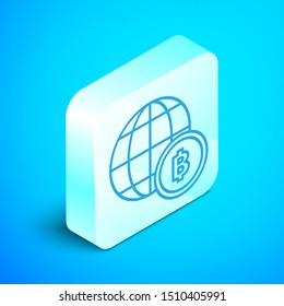 Isometric line Globe and cryptocurrency coin Bitcoin icon isolated on blue background. Physical bit coin. Blockchain based secure crypto currency. Silver square button. Vector Illustration
