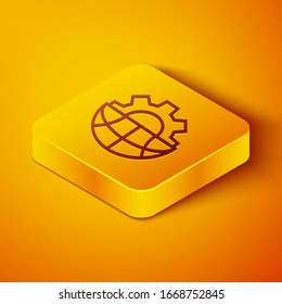 Isometrische Linie Globe der Erde und Zahnrad oder Zahnradsymbol einzeln auf orangefarbenem Hintergrund. Parameter einstellen. Globale Optionen. Gelber Quadrat-Knopf. Vektorillustration-Illustration